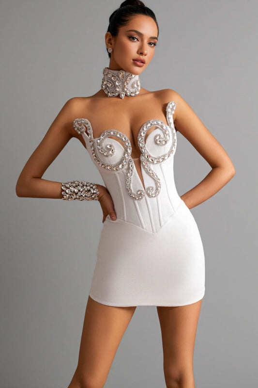 Layls White Rhinestones Strapless Mini Dress