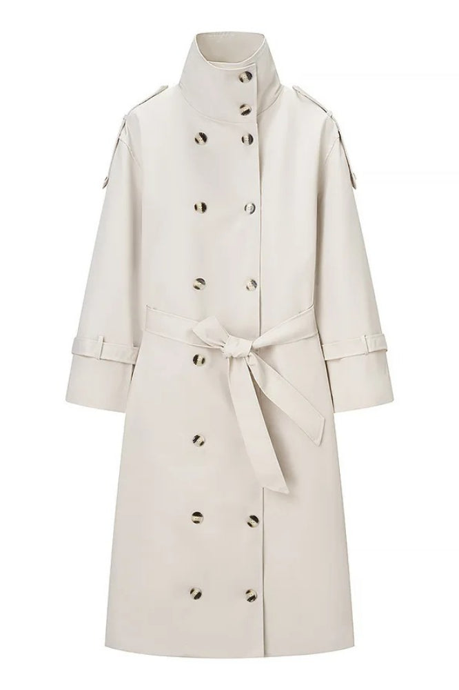 Beige Double-breasted Lapel Belted Trench Coat