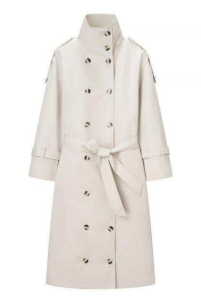 Beige Double-breasted Lapel Belted Trench Coat