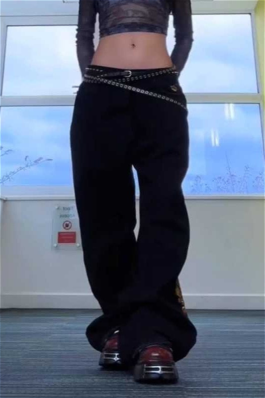 Punk Gold Foil Print Black Denim Floor Pants