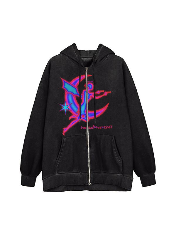 Vintage Graphic Print Zip Up Oversized Hoodie