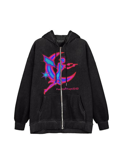 Vintage Graphic Print Zip Up Oversized Hoodie
