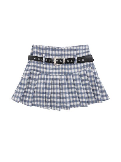 Plaid Pleated With Star Belt Mini Skirts
