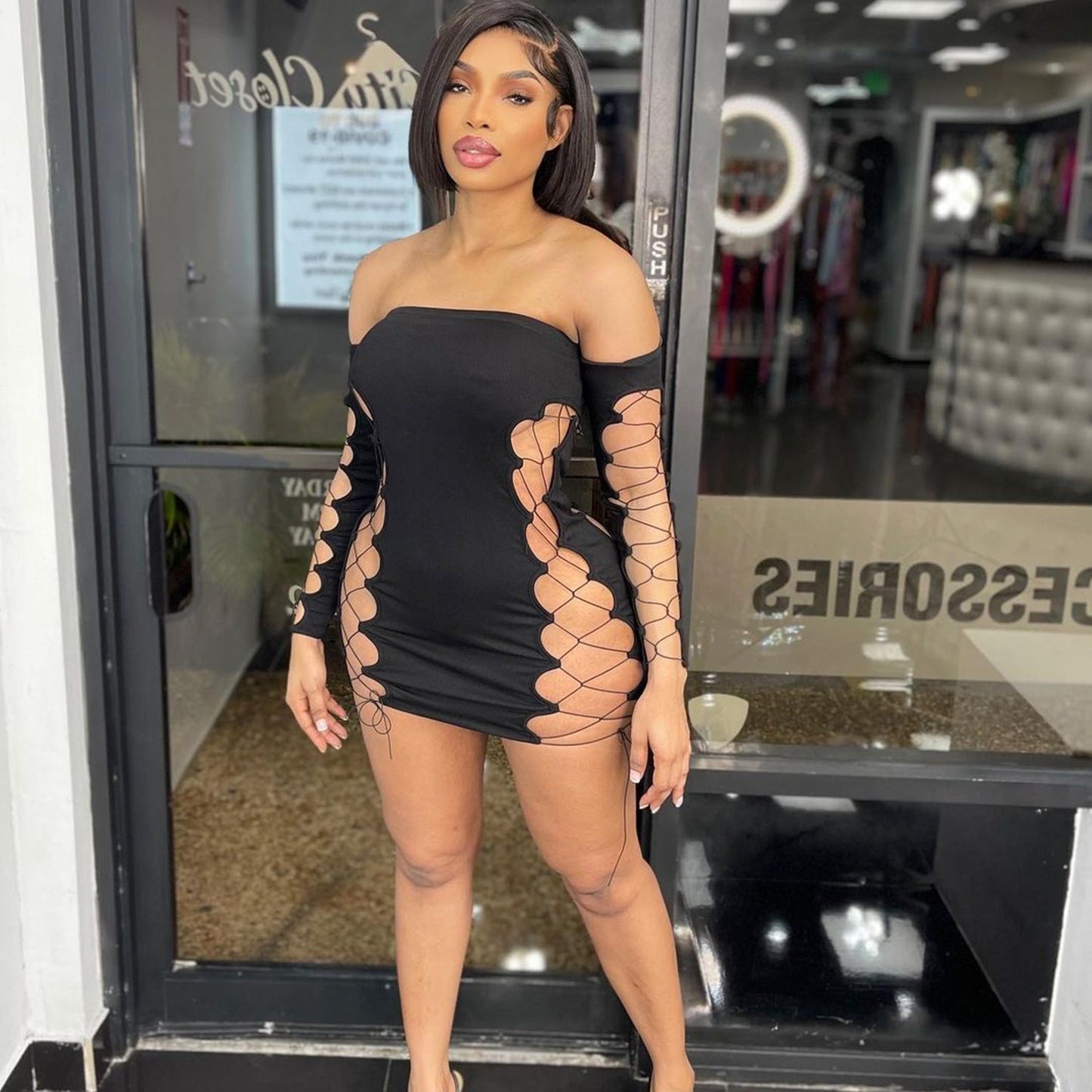 Women’s Sexy Cutout Strap Off Shoulder Chest Wrapped Dress – Trendy Bodycon Mini Dress