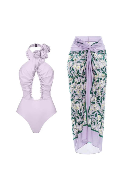 3D Floral Halter Backless Swimsuit Set