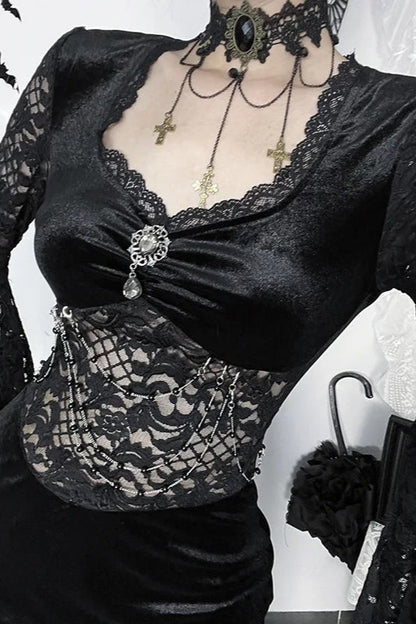 Dark Gothic Lace Fitted Flared-sleeve Hollow-out Maxi Dress