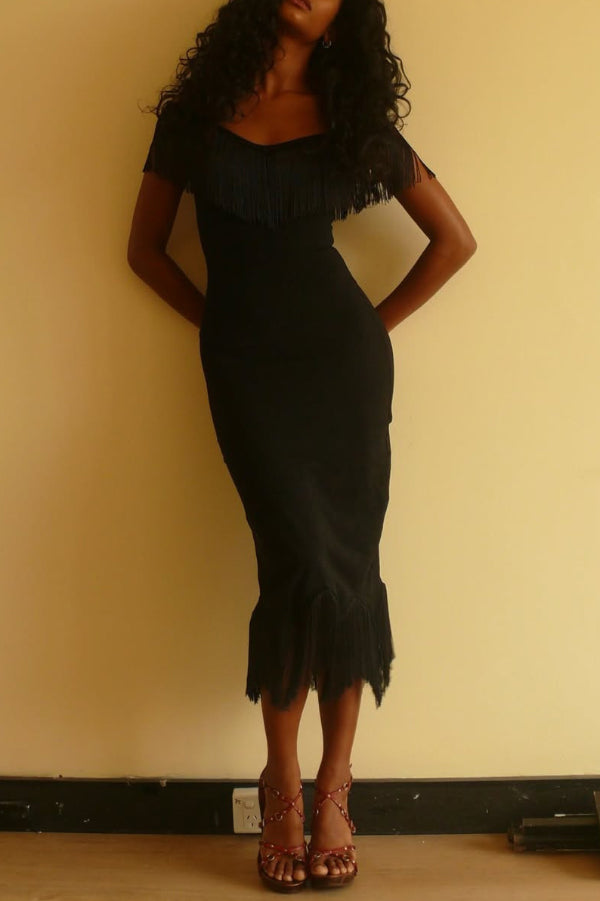 Solid Color V-neck Off-shoulder Slim-fit Tassel Midi Dress
