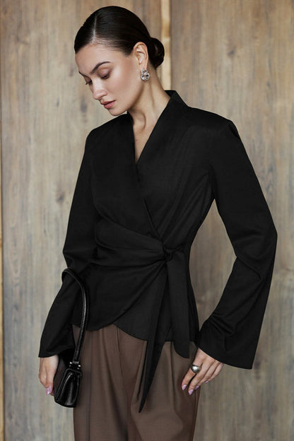 V Neck Asymmetric Tie Blouse
