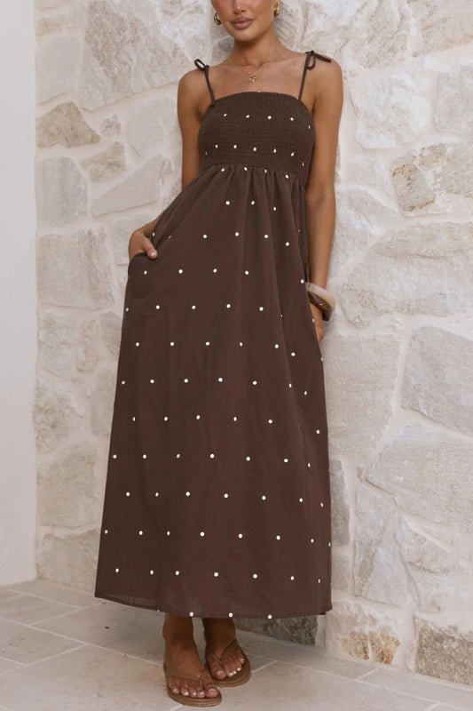 Fashionable Polka Dot Print Suspender High-waisted Pleated Casual Maxi Dress