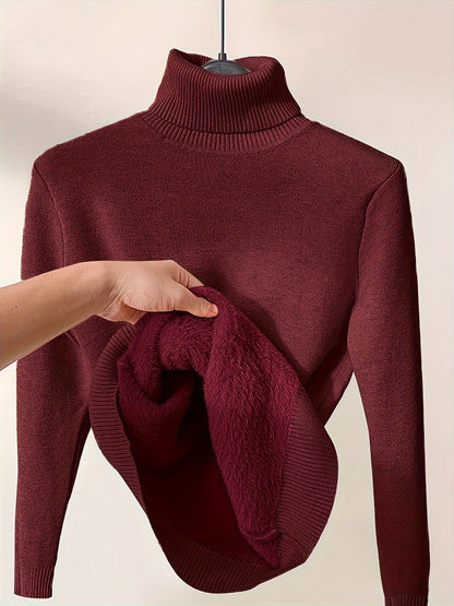 Elegante jersey de cuello alto de color liso para mujer con forro polar | Ideal para otoño/invierno