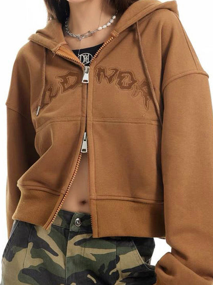 Letter Embroidery Double Zipper Short Oversized Hoodie