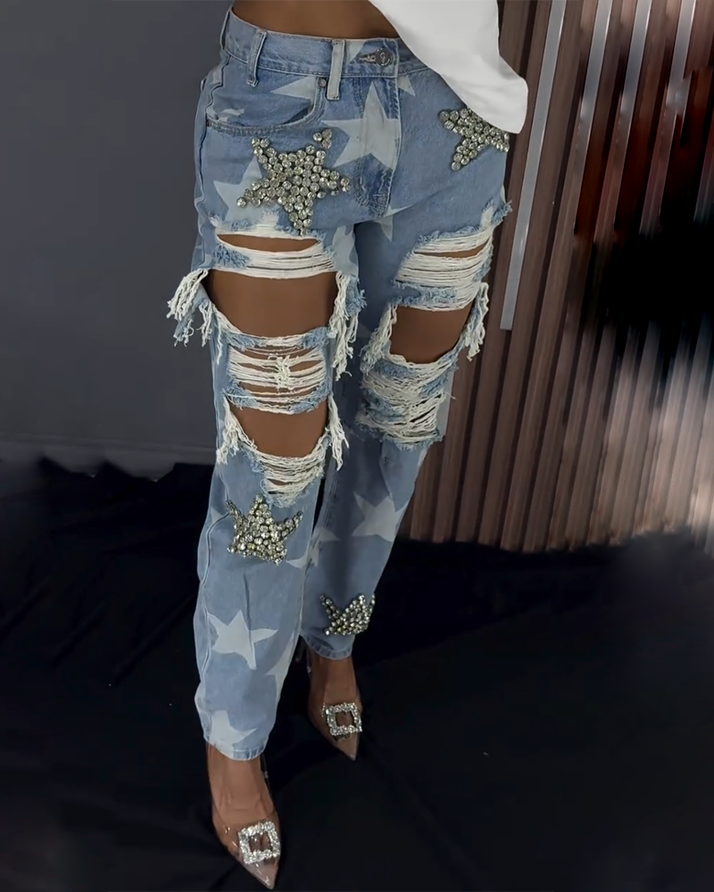 Ripped Ornament Jeans