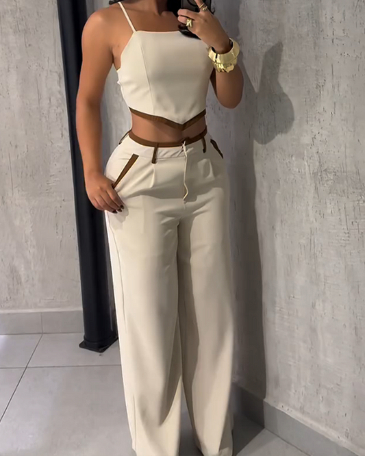 Spliced Lace-Up High-Waisted Straight-Leg Pants Set (Pre-Sale)