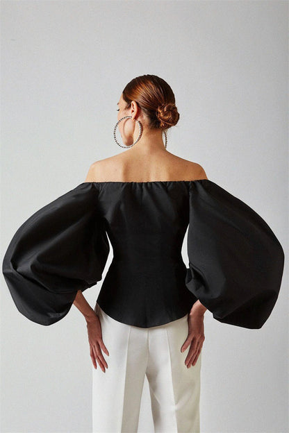Elegant Puff Sleeve Cold Shoulder Blouse