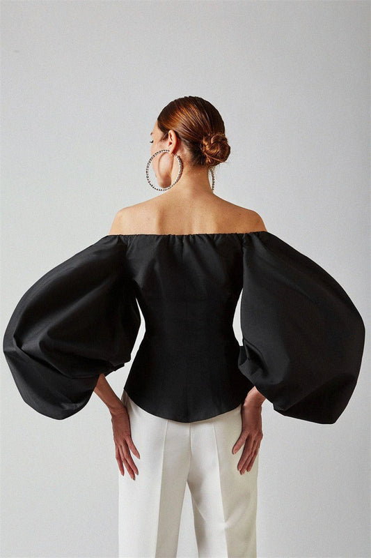 Elegant Puff Sleeve Cold Shoulder Blouse
