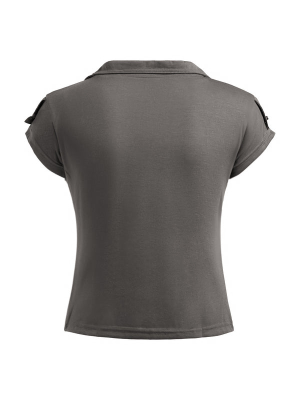 Solid V Neck Pocket Cropped Short Sleeve Tee