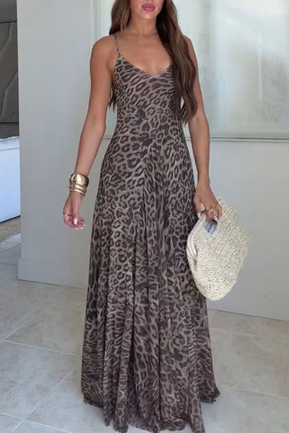 Jaycie Tulle Leopard Print V-neck Pleated A-line Hem Slip Maxi Dress