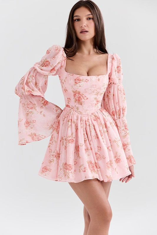 Rose Print Long Sleeve A-Line Floral Dress