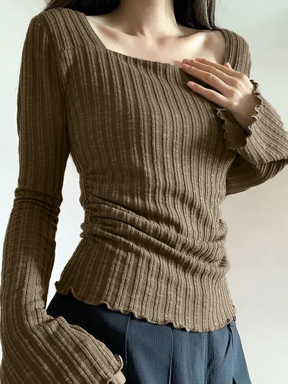Square Neck Flare Sleeve Slim Knit
