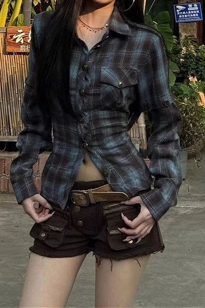 Punk Street Yellow Plaid Graffiti Unisex Loose Blouse