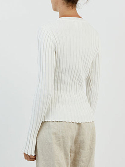 Solid Ribbed Crew Neck Long Sleeve Knit