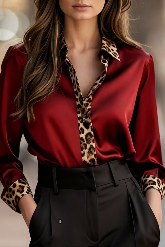 Satin Leopard Print Patchwork Casual Long-sleeved Shirt