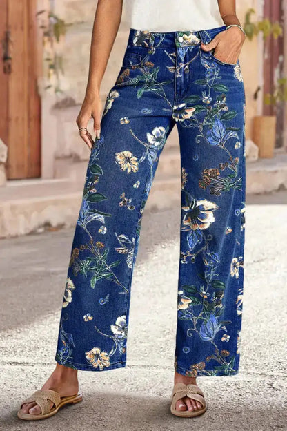Floral Print Loose Pocket High-waisted Wide-leg Jeans
