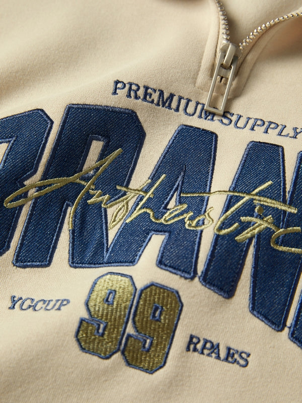 Denim Splice Letter Print Lapel Neck Oversized Hoodie