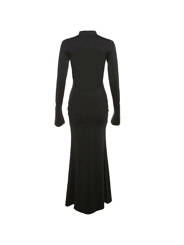 Solid Crew Neck Backless Long Sleeve Maxi Dress