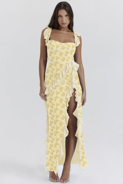 cherry ruffle maxi dress-yellow flower