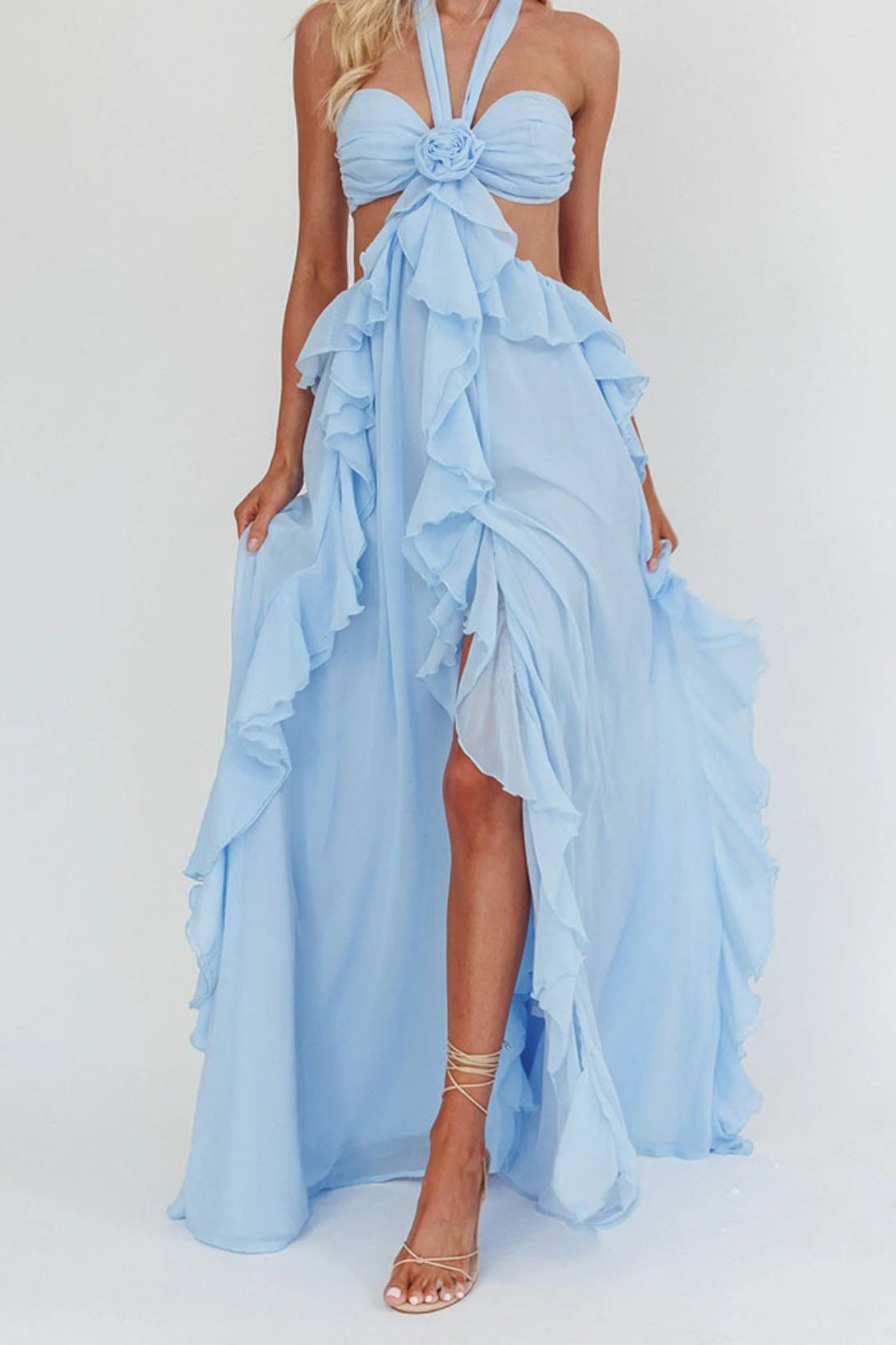 Backless Lace Up Ruffle Strapless Maxi Prom Dress