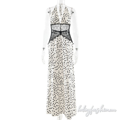 Polka dot halter self tie v neck lace maxi dress