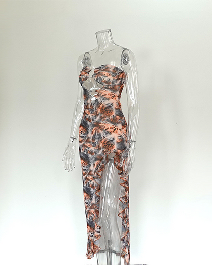 Leopard Print High-Waisted Hollow-Out Dress