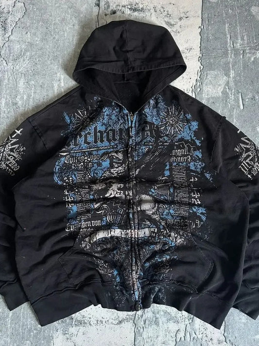 Streetwear Skull Eye Print Black Pullover Hoodie