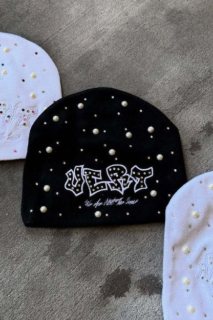 Street Style Pearl Rhinestone Letter Knitted Hat