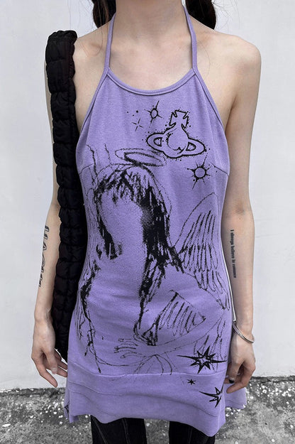 Irregular Hem Halter Printed Cami Mini Dress