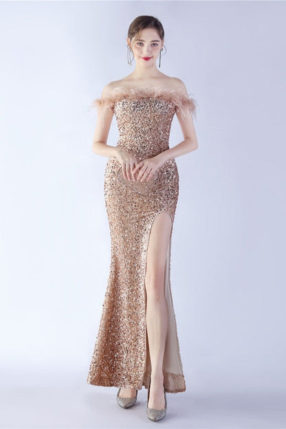 Velvet Sequin Ostrich Feather Off Shoulder Formal Dress