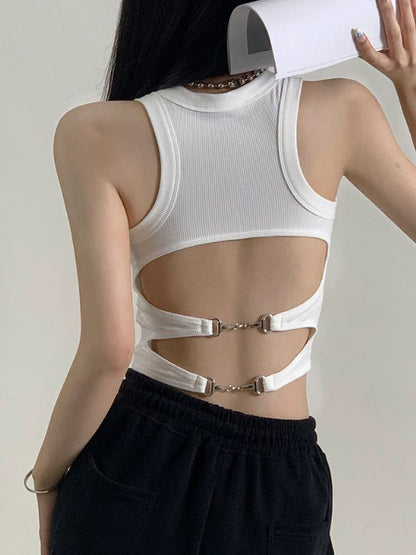 Solid Color Y2k Metal Buckle Backless Tank Top