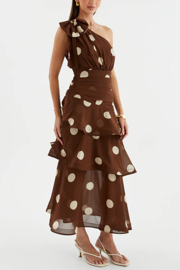 Fashionable Polka Dot Print One-shoulder Sleeveless Layered Mesh Maxi Dress
