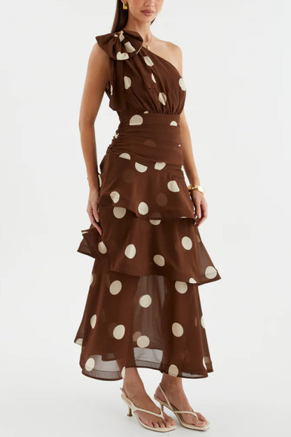 Fashionable Polka Dot Print One-shoulder Sleeveless Layered Mesh Maxi Dress