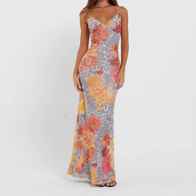 V neck flower print backless cami maxi dress  | Festival Outfits Women