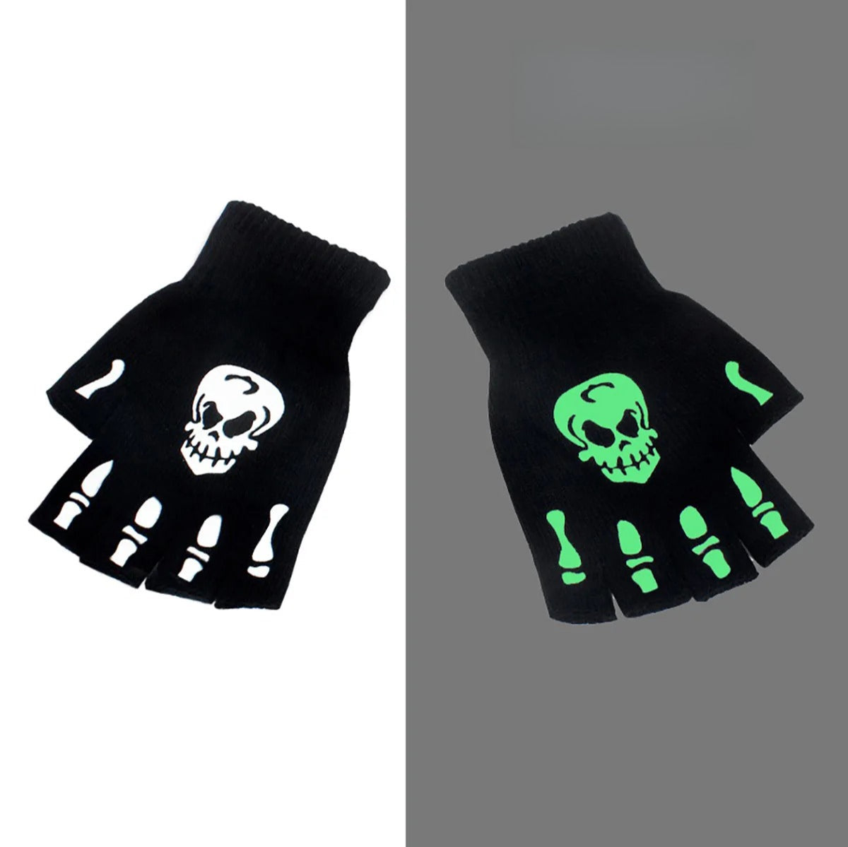 Winter Warm Black Skull Fingerless Gloves