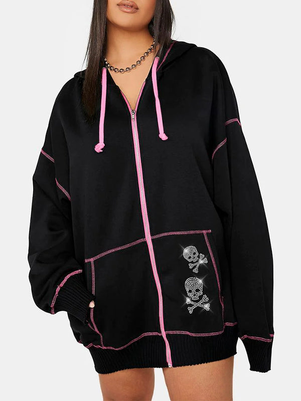 Gothic Skull Rhinestone Print Oversized Hoodie