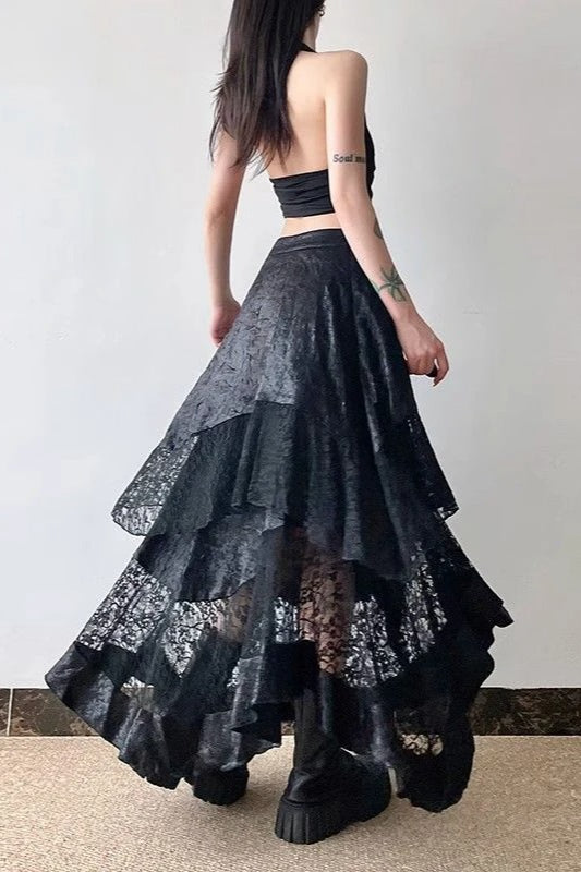 High Waist Asymmetric Lace Sheer Skirt