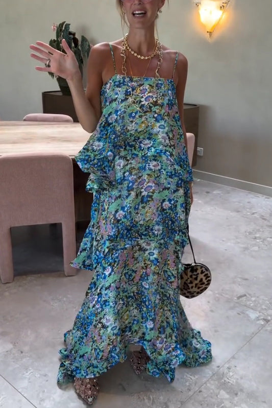 Armani Georgette Fabric Floral Print Tiered Slip Square Neck A-line Maxi Dress