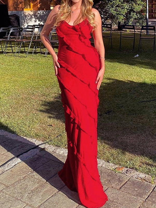 Halter Backless Slit Ruffles Maxi Dress