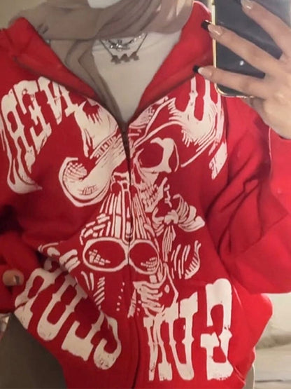 Red Vintage Print Zip Up Oversized Hoodie