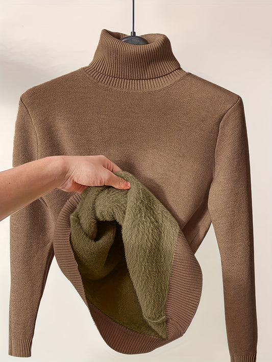 Elegante jersey de cuello alto de color liso para mujer con forro polar | Ideal para otoño/invierno