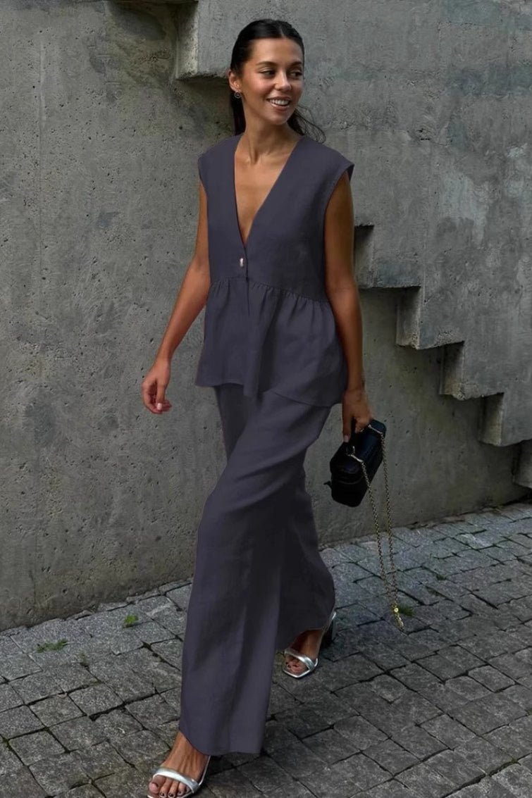 Cotton V Neck Sleeveless Vest Pants Two Piece Set