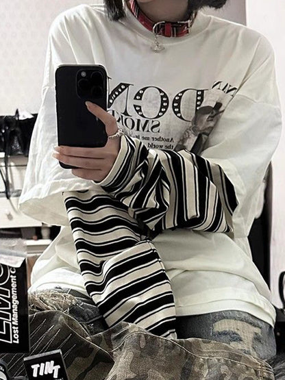 Fake Two Piece Stripe Oversized Long Sleeves Tee